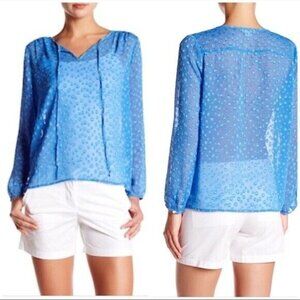 J. CREW Womens SMALL Blue Clip Dot Tie-Neck Sheer Long Sleeve BLOUSE E4291 EUC